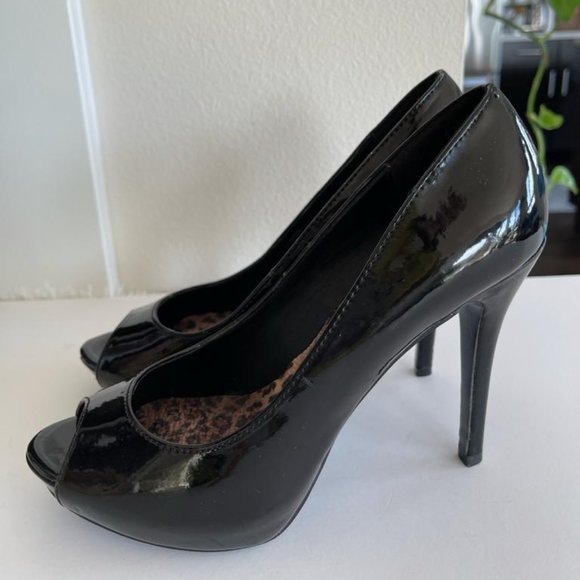 Black Patent Leather Open Toe Heels Size 7 - Picture 2 of 6